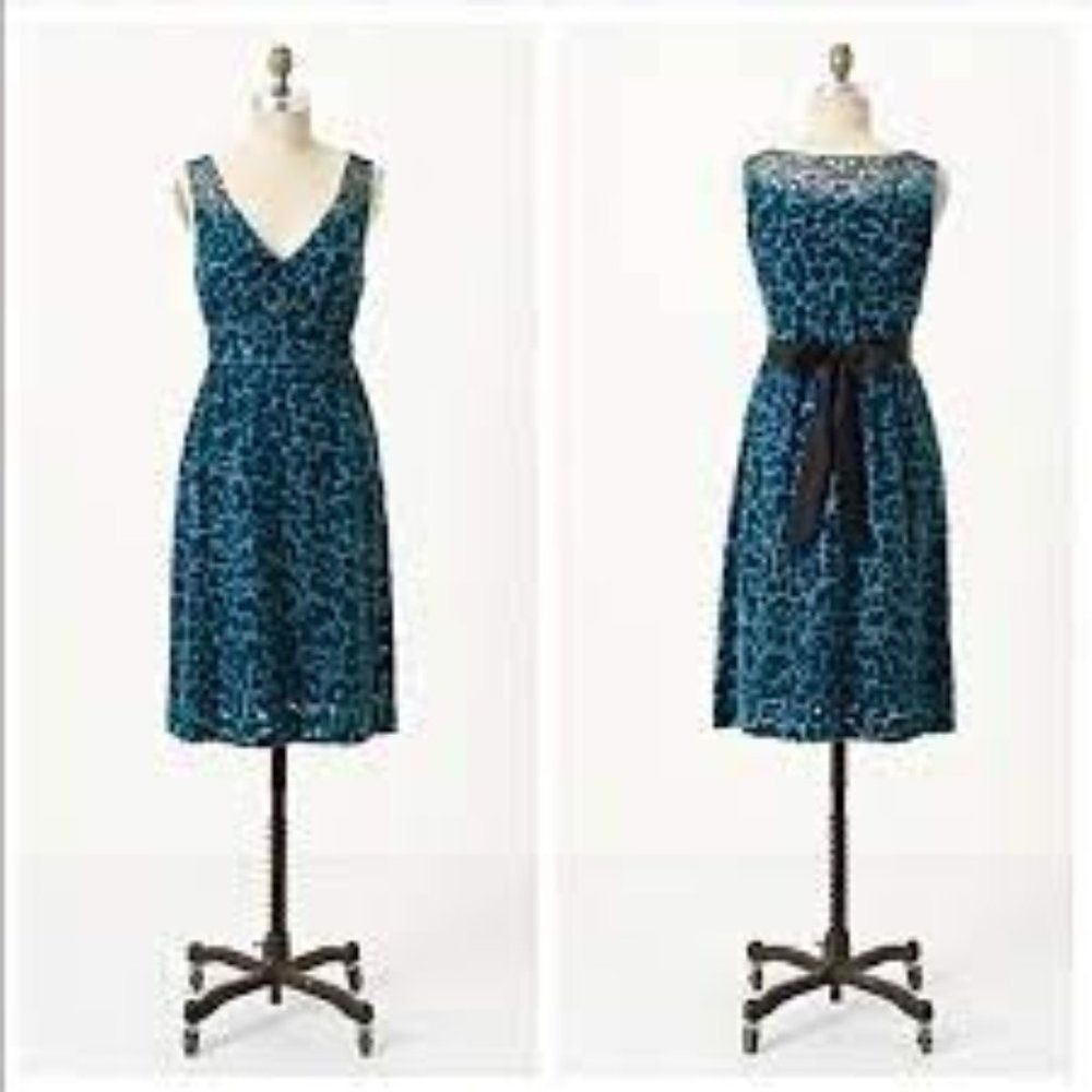 Moulinette Soeurs Anthropologie Teal Velvet Burnout Lace Cocktail Dress Size 2